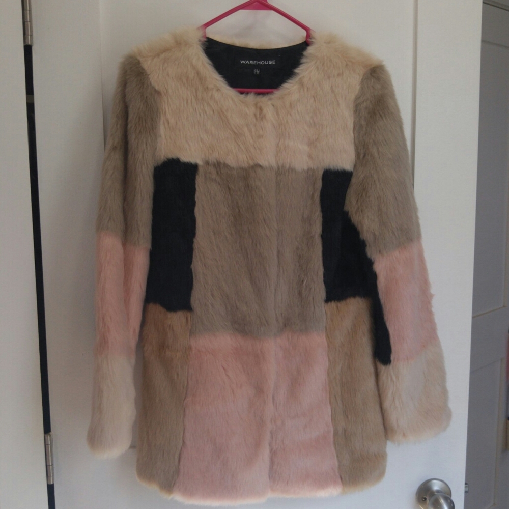 NWT Color Block Faux Fur Lined Coat Warehouse of London, Small-Med, UK 8